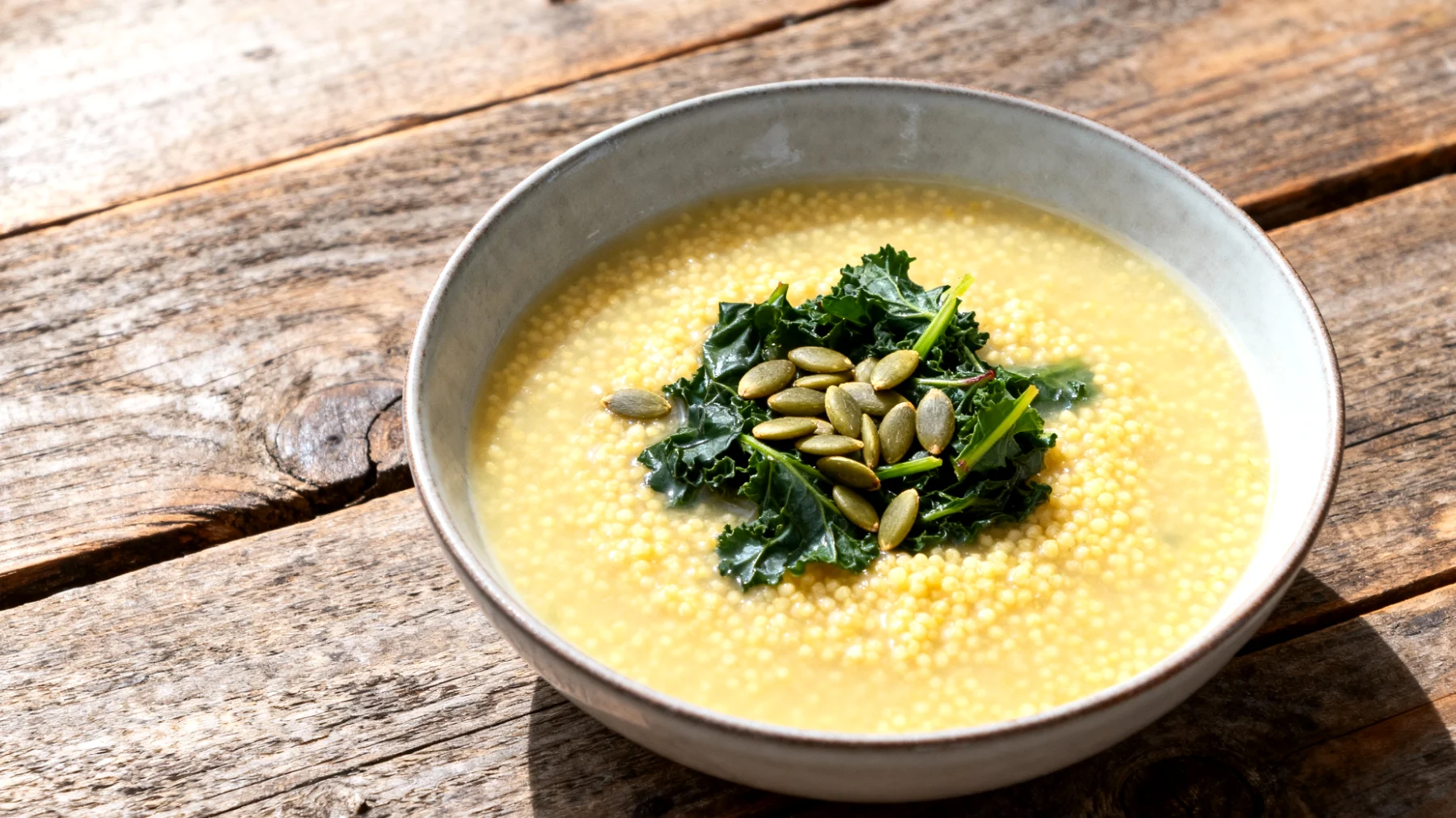 Zuppa di miglio con verdure amare e semi di zucca"