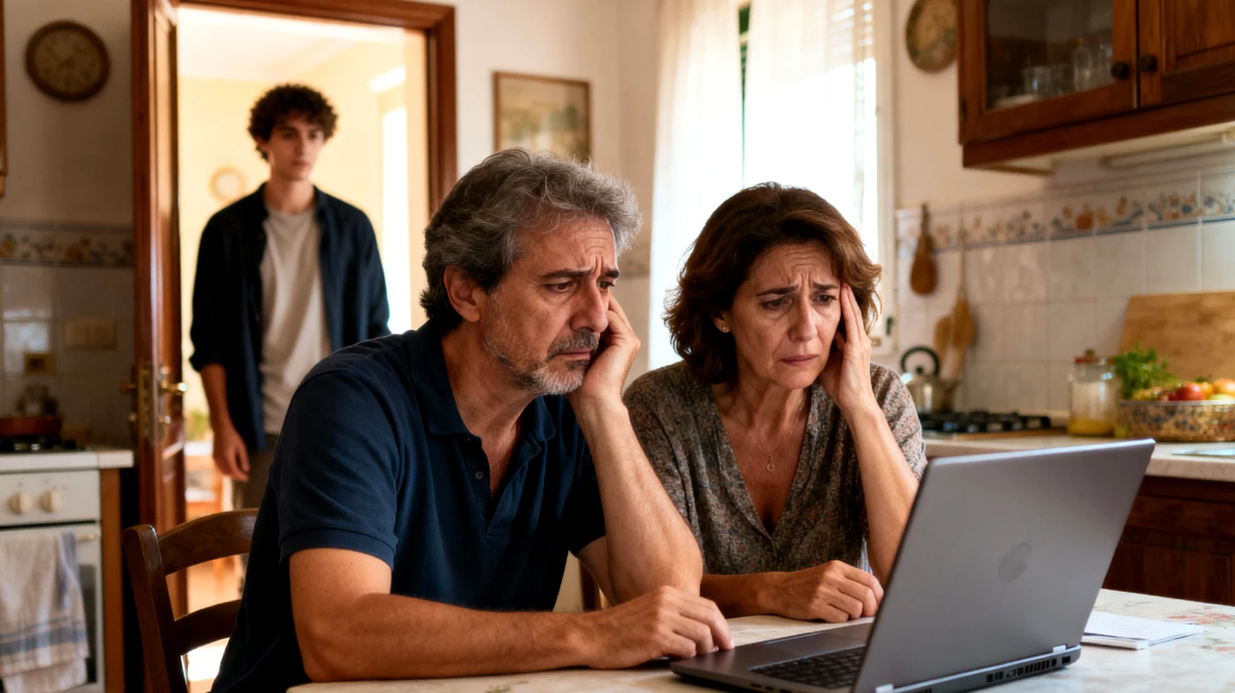 Genitori che vivono con ansia costante il futuro dei figli giovani adulti, preoccupati per la loro indipendenza economica, realizzazione professionale e stabilità emotiva in un mondo incerto"