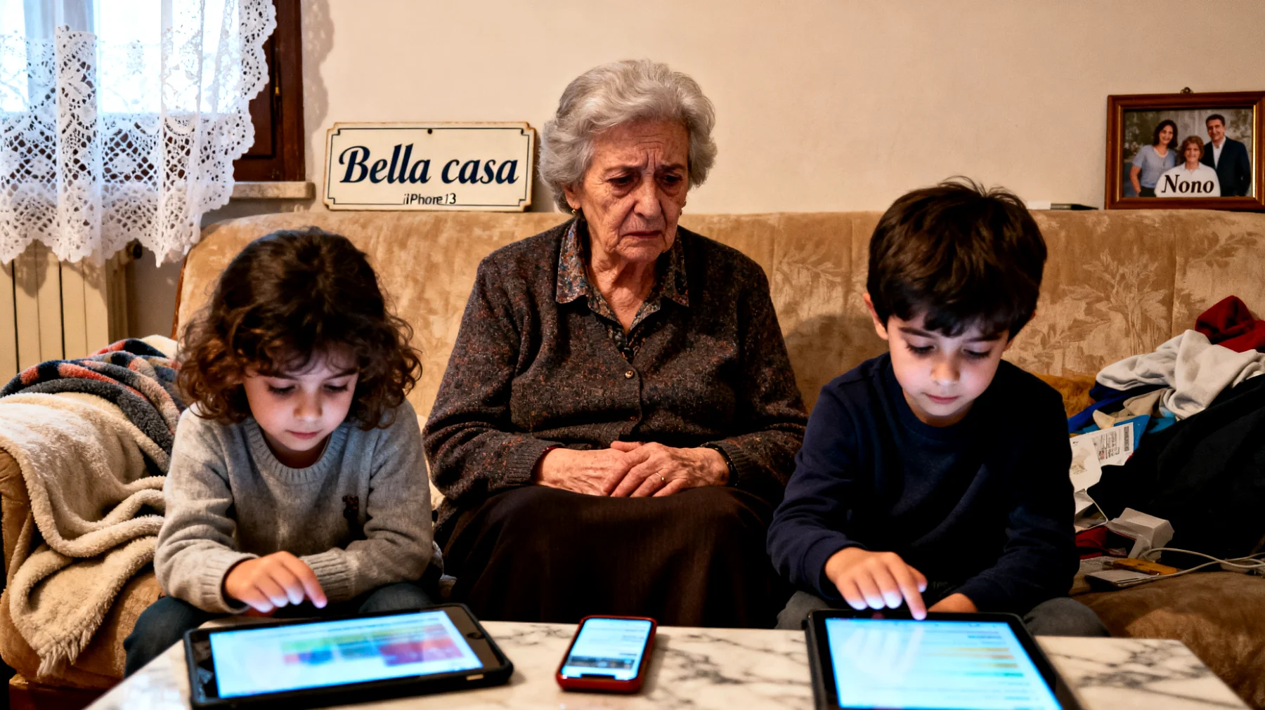 Una nonna che accudisce regolarmente i nipoti bambini fatica a gestire il loro uso eccessivo di smartphone e tablet, cedendo spesso alle loro richieste per evitare capricci, ma sentendosi poi in colpa e preoccupata per le conseguenze sulla loro crescita e sul rapporto con i genitori che hanno regole diverse."
