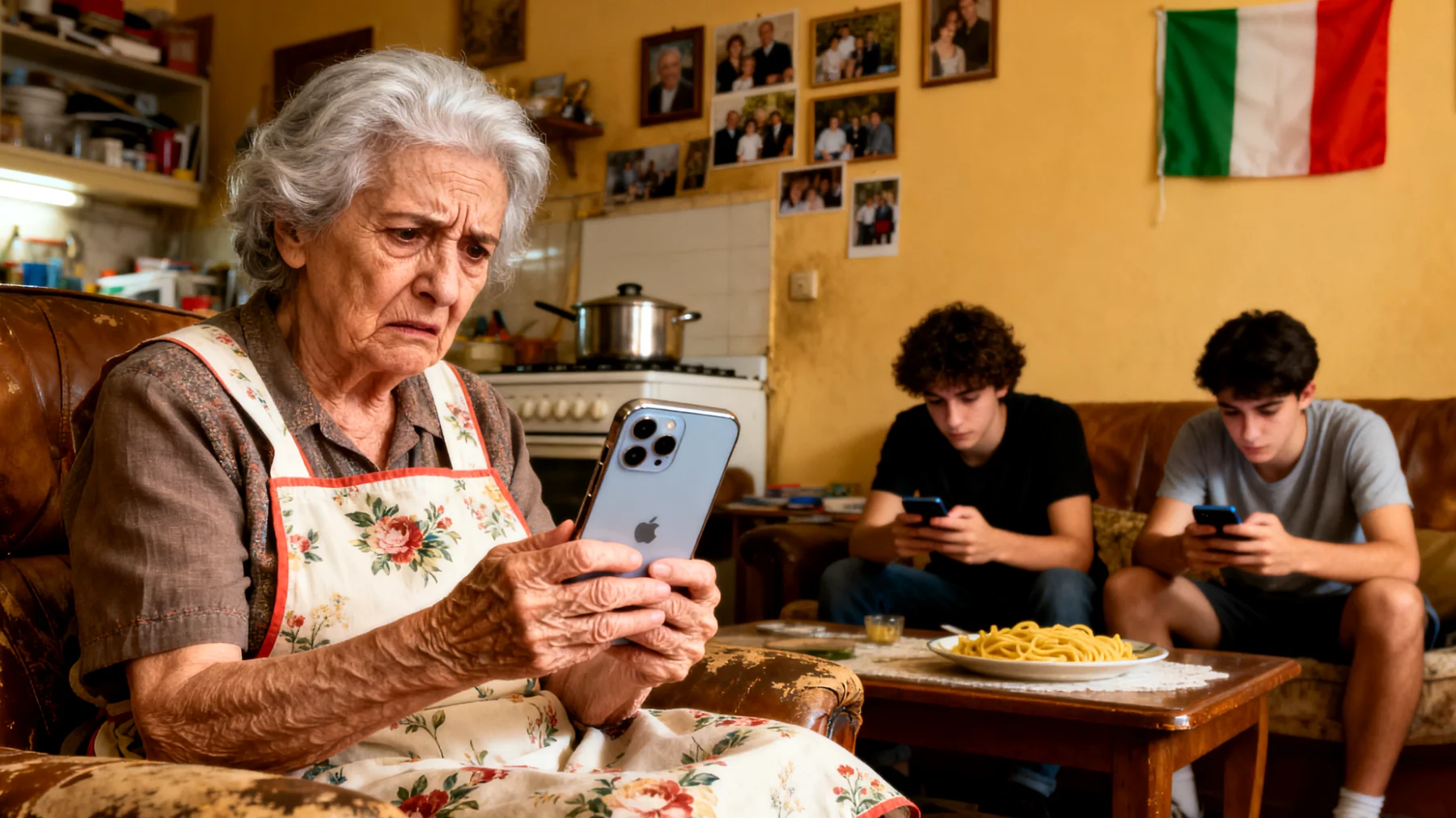 Nonna preoccupata per l'uso scorretto dei social media da parte dei nipoti giovani adulti, con difficoltà a comprendere i rischi online e a instaurare un dialogo costruttivo su questi temi a causa del divario generazionale e tecnologico"