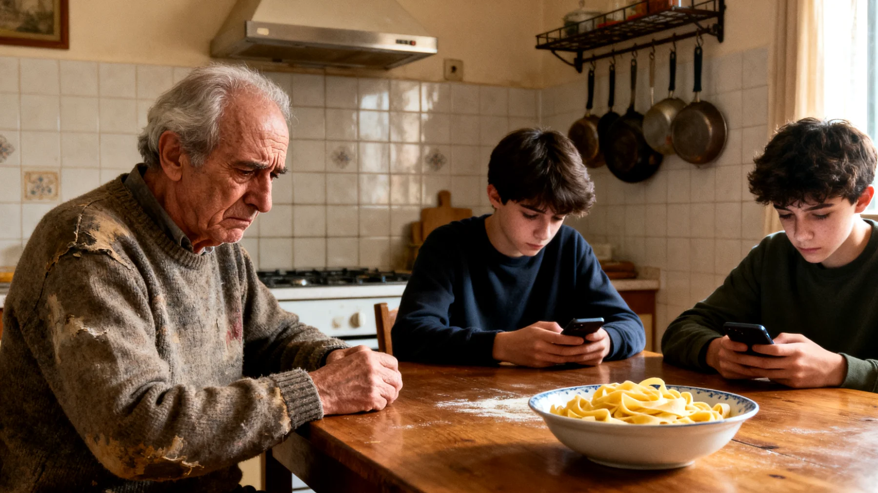 Il nonno fatica a gestire l'uso eccessivo dello smartphone da parte dei nipoti adolescenti durante il tempo trascorso insieme, sentendosi ignorato e preoccupato per la loro dipendenza dalla tecnologia"