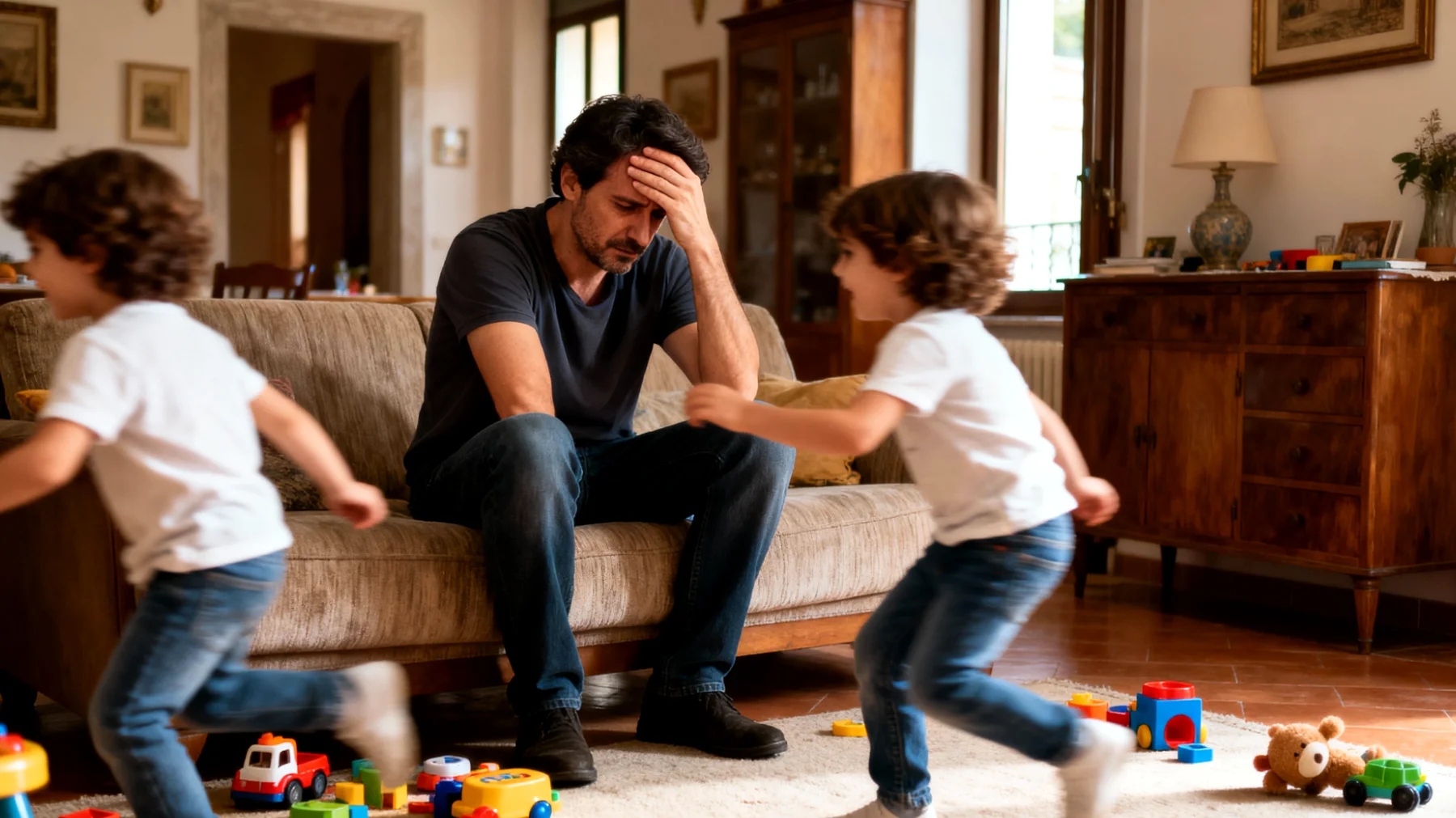 PapĆ in difficoltĆ nello stabilire regole chiare e limiti educativi con i propri bambini piccoli, che manifestano comportamenti capricciosi e testano continuamente i confini imposti"